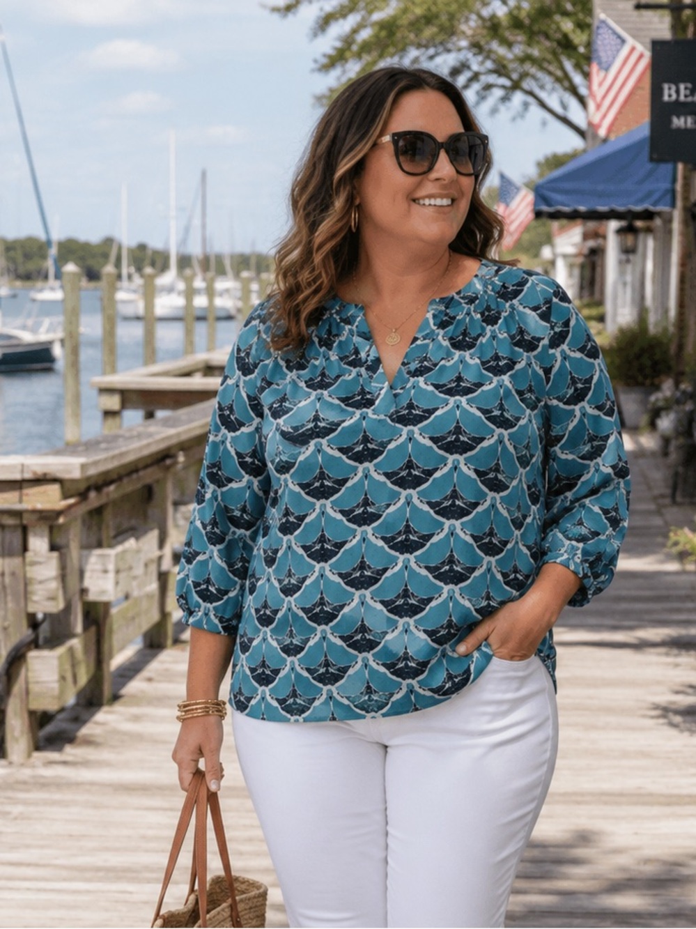 Crown & Ivy Woman Teal Crane Print Split Neck Blouse 2X Plus Rayon Peasant Top